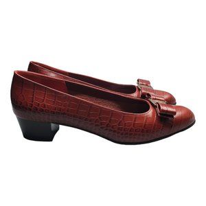 Salvatore Ferragamo Vara Bow Pump Croc Leather Burgundy/Wine sz 9B